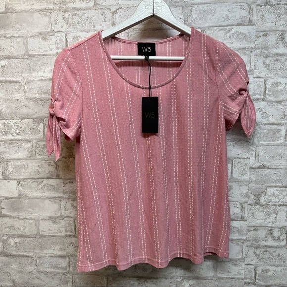 Nwt W5 short sleeve blouse pink white round neckline ribbon sleeves 19”‎ X 24” - Picture 1 of 5